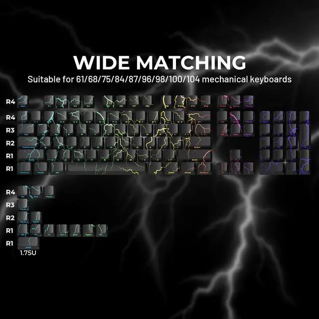 Alt view image 3 of 5 - HITIME x XVX Lightning Keycaps 60 75 100 Percent - Shine Through Keycaps w/IMD Tech, for Mechanical Keyboards, Full 118 Key Set, OEM Profile, Lines Backlit, Side Printed - Black