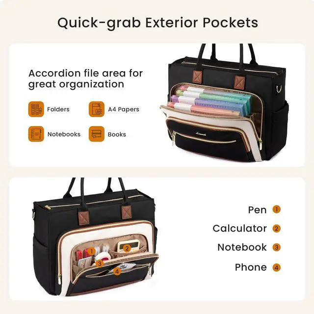 Alt view image 4 of 5 - LOVEVOOK Teacher Tote Bag for Women,Laptop bag with Large Cup Holder,Work bag with Accordion File Organizer Pocket,Multi-Pockets Professional Diaper Bag Nurse Bag,Handbag Purse for Work,College,Daily