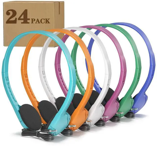 Main image of Keewonda Classroom Headphones in Bulk 24 Pack, Wholesale Disposable Headphones Mixed Color for Kids Children School