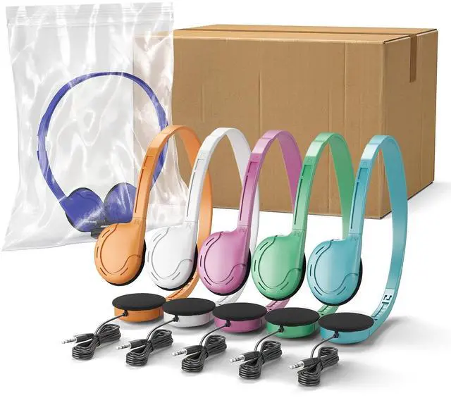 Alt view image 5 of 5 - Keewonda Classroom Headphones in Bulk 24 Pack, Wholesale Disposable Headphones Mixed Color for Kids Children School