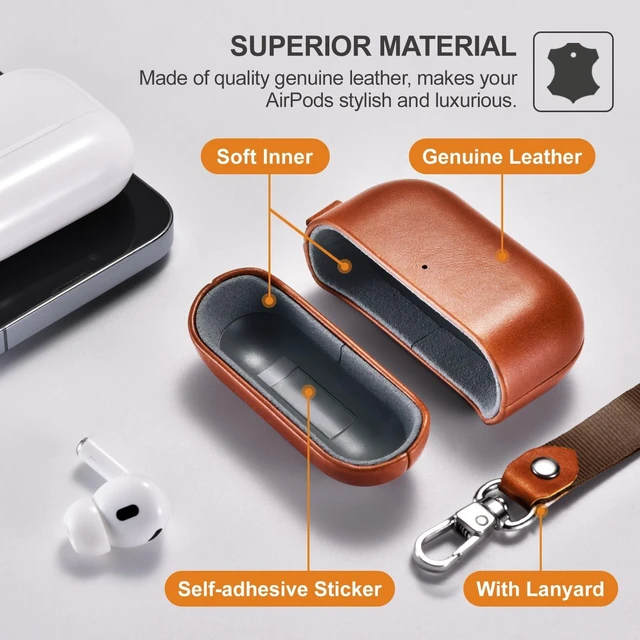 Alt view image 3 of 5 - ICARER AirPod Pro 3 Case with Strap, Handmade Geniune Leather Case (Brown)
