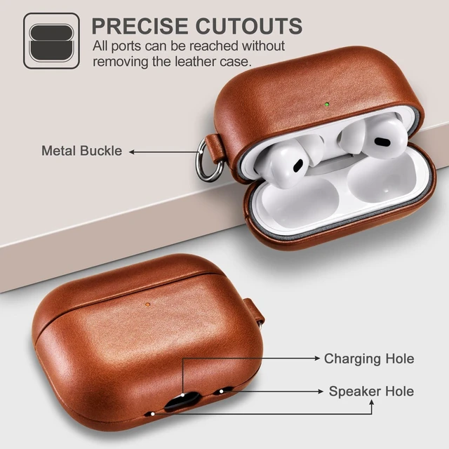 Alt view image 4 of 5 - ICARER AirPod Pro 3 Case with Strap, Handmade Geniune Leather Case (Brown)