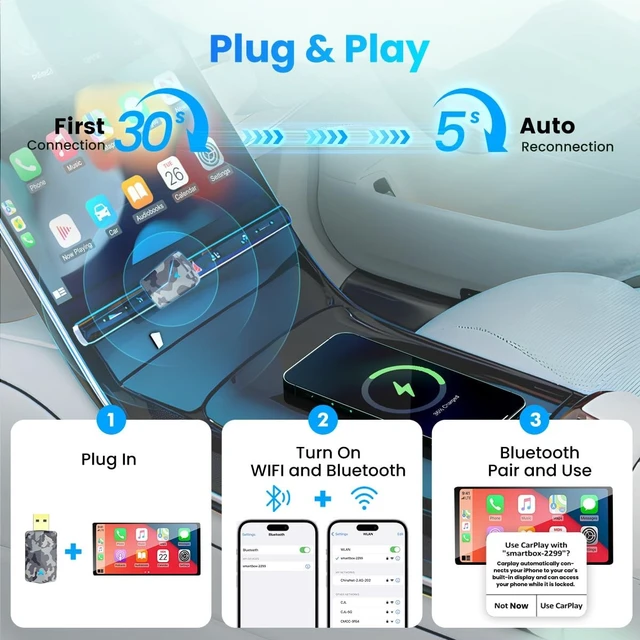 Alt view image 3 of 5 - CODONOVA 2026 Mini Wireless CarPlay Adapter, Fast Stable Connection, No Latency, Converts Wired to Wireless for Carplay & Android Auto, Easy Setup in 2016+ Cars, iOS 10+/Android 11+, USB