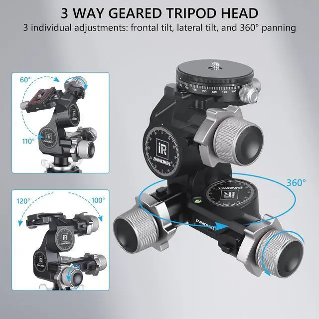 Alt view image 3 of 5 - INNOREL GR7 CNC Aluminum Alloy High Precision 3 Way Geared Tripod Head with Millimeter Micro-Adjustment 360 Panoramic Load Capacity 13.2lbs/6kg for Photography Camera Shooting