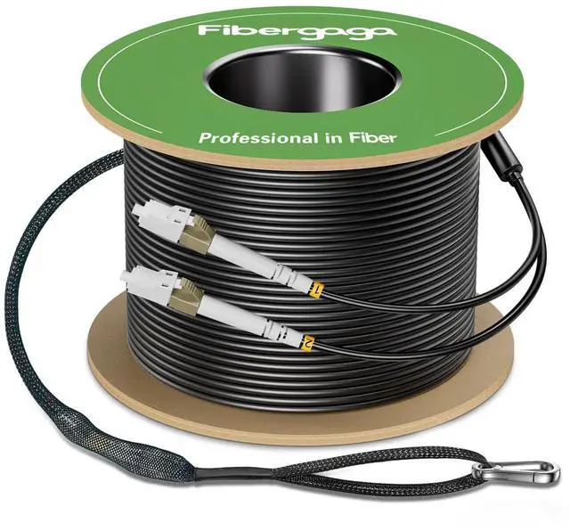 Main image of Fibergaga-100M(328ft) OM3 LC to LC Fiber Patch Cable, Multimode Outdoor Armored Direct Burial Fiber Optic Cable Cord, 10GB/40GB Jumper Duplex 50/125um with Pulling Eye Kit Installed on one end