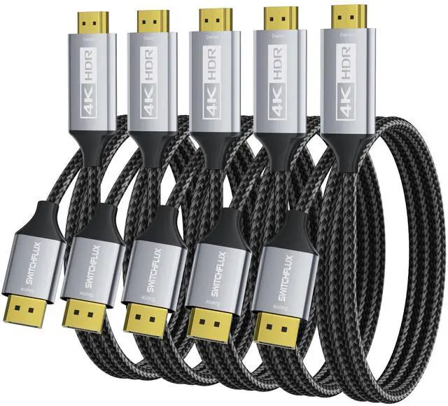 Main image of SWITCHFLUX 5Pack DisplayPort to HDMI Cable 3Ft (4K@60Hz,1440P/2K@120Hz) Uni-Directional Display Port 1.2 to HDMI 2.0 Braided Cord,DP to HDMI Compatible with AMD,NVIDIA,Desktops,and Gaming Monitors