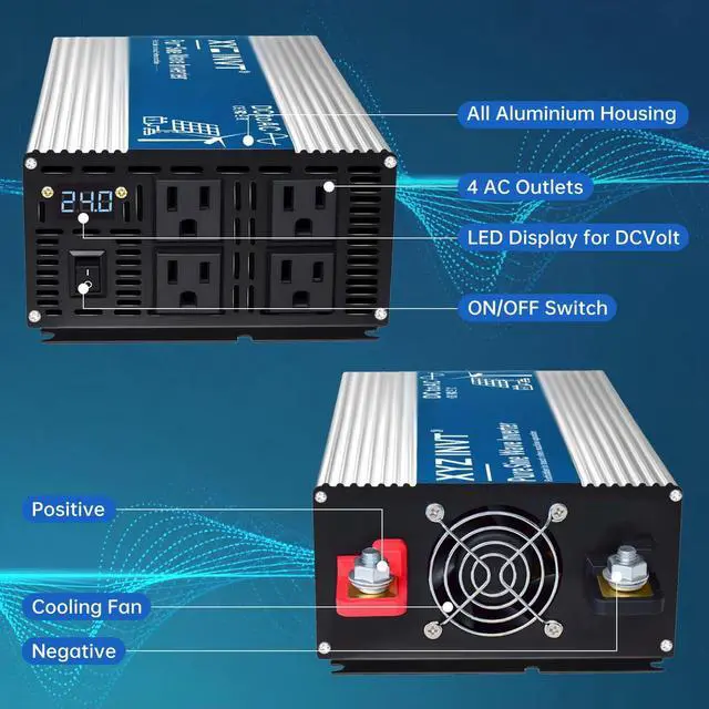 Alt view image 3 of 5 - XYZ INVT 2000W Pure Sine Wave Inverter DC 24V to AC 110V 120V, 4000W Peak Power Inverter with 4 AC Outlets and LED Display for Car, Truck, Solar, Home Off Grid Over 90% Efficiency