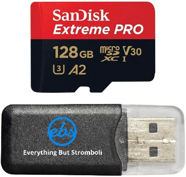 Main image of SanDisk 128GB Extreme Pro MicroSDXC Memory Card, Compatible with GoPro Max 2, Lit Hero, HERO13 Black, Ultra Wide (SDSQXCD-128G-GN6MA) V30 A2 Bundle with 1 Everything But Stromboli MicroSD & SD Reader