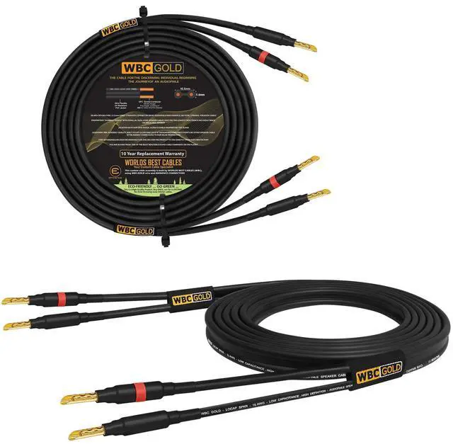 Main image of WORLDS BEST CABLES 3 Foot WBC-GOLD-LOCAP-SPKR-10 AWG - Low-Capacitance - Low-Inductance - High Purity OFC - Audiophile HiFi Speaker Cable Pair with Eminence Gold Banana Plugs