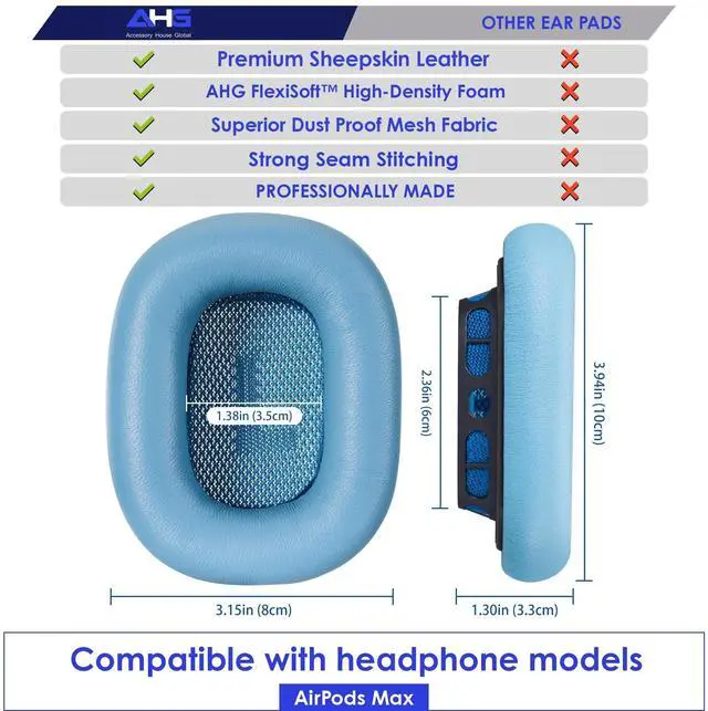 Alt view image 4 of 5 - AHG Accessory House Global Sheepskin Leather Replacement air pods max Ear Cushions Pads Compatible with Apple AirPods Max Headphones (Sky Blue). Easy DIY Fit ^^ High-Density Foam ^^ Strong Magnet