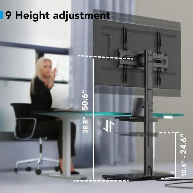 Alt view image 3 of 5 - AX WABER Floor TV Stand with Power Outlet& Shelf, Universal TV Stand Mount for 27-65 inch TV up to 88lbs, 70 Degree Swivel 9 Level Height Adjustable with Tempered Glass Base for Bedroom, Office Black