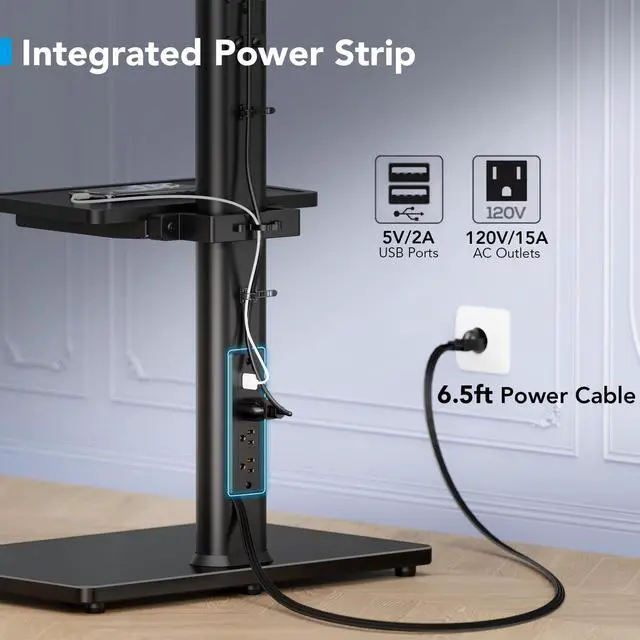 Alt view image 2 of 5 - AX WABER Floor TV Stand with Power Outlet& Shelf, Universal TV Stand Mount for 27-65 inch TV up to 88lbs, 70 Degree Swivel 9 Level Height Adjustable with Tempered Glass Base for Bedroom, Office Black