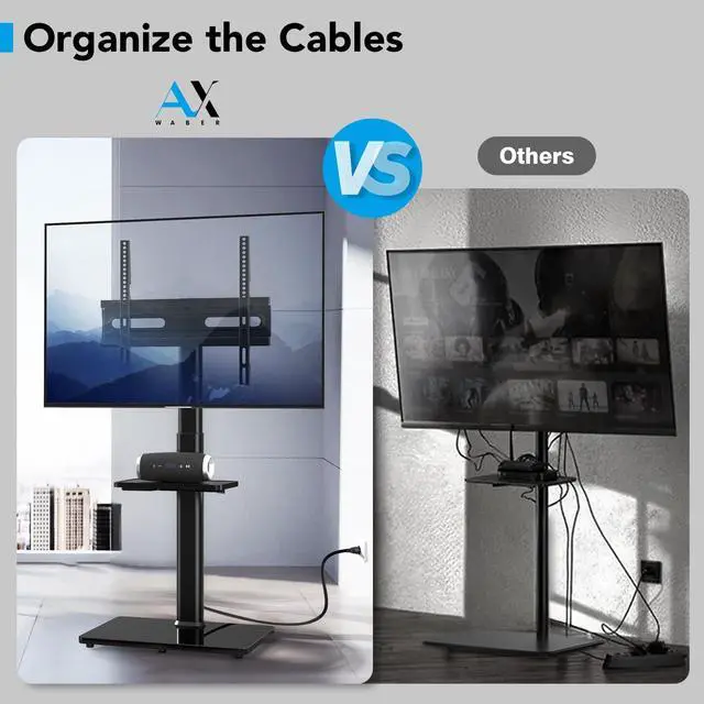 Alt view image 5 of 5 - AX WABER Floor TV Stand with Power Outlet& Shelf, Universal TV Stand Mount for 27-65 inch TV up to 88lbs, 70 Degree Swivel 9 Level Height Adjustable with Tempered Glass Base for Bedroom, Office Black