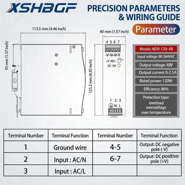 Alt view image 4 of 5 - XSHBGF 48VDC Power Supply NDR 120W DIN Rail Power Supply Switch Switching Converter DC (Input 100-240VAC Output 48VDC 50/60HZ 48V 2.5A)