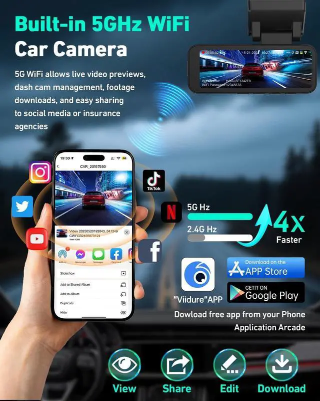 Alt view image 2 of 5 - 4K Dash Cam Front, Built-in 5GHz WiFi & APP Control, Dash Camera for Cars W/ 32GB Included, 3.2" IPS Screen Car Dash Cam W/ 24H Parking Monitor, G-Sensor Night Vision, Loop Recording