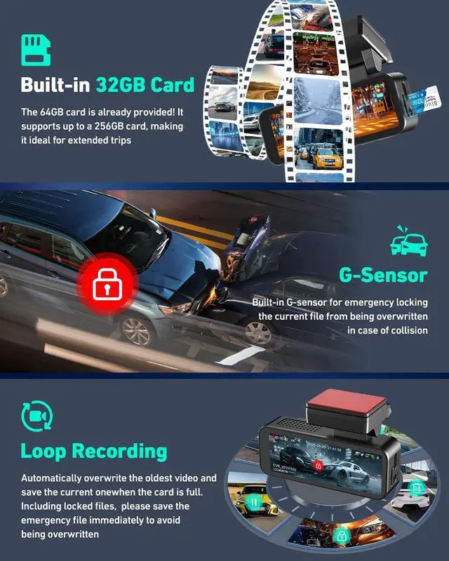 Alt view image 3 of 5 - 4K Dash Cam Front, Built-in 5GHz WiFi & APP Control, Dash Camera for Cars W/ 32GB Included, 3.2" IPS Screen Car Dash Cam W/ 24H Parking Monitor, G-Sensor Night Vision, Loop Recording