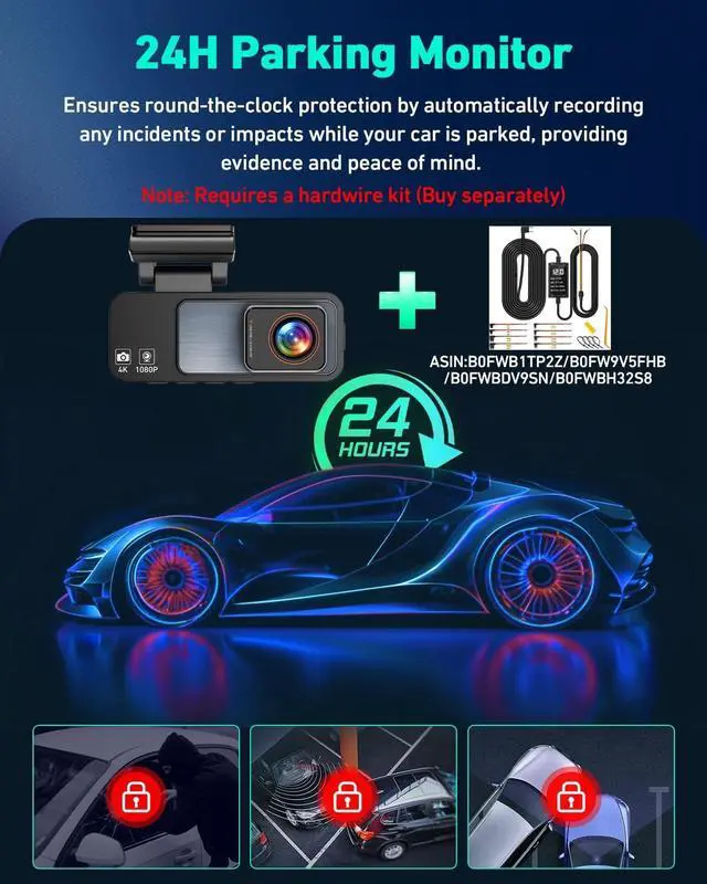 Alt view image 4 of 5 - 4K Dash Cam Front, Built-in 5GHz WiFi & APP Control, Dash Camera for Cars W/ 32GB Included, 3.2" IPS Screen Car Dash Cam W/ 24H Parking Monitor, G-Sensor Night Vision, Loop Recording