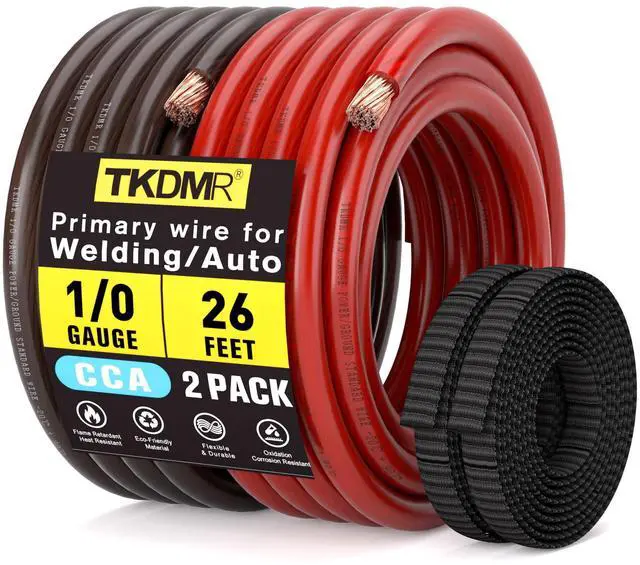Main image of 0 Gauge Wire CCA Battery Cable - for Automotive Power Ground, Car Audio, RV, Amp Wiring Kit 26 feet Each- Black/Red with 52FT Cable Sleeves (26 FT Black +26 FT Red +52FT Cable Sleeves, 1/0 Gauge Wire)