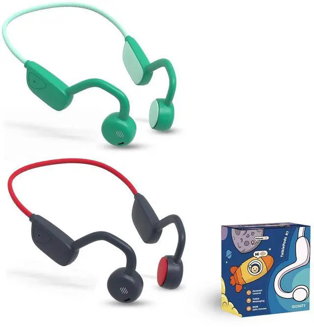 Main image of Giznity 2Pack Kids Bluetooth Headphones, Air Conduction Open-Ear Headphones, Mic/Touch, 85dB Limit, Parental Control, Lightweight, Rugged & Durable, IP54/20H, for School/Travel - (Green & Navy Red)