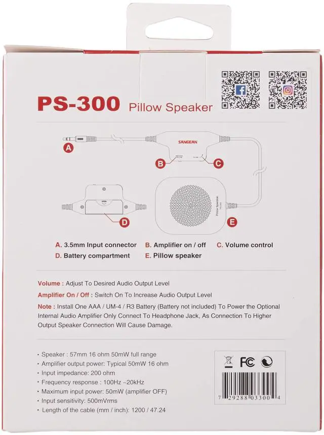 Alt view image 5 of 5 - Sangean PS-300 Pillow Speaker with In-line Volume Control and Amplifier (White)