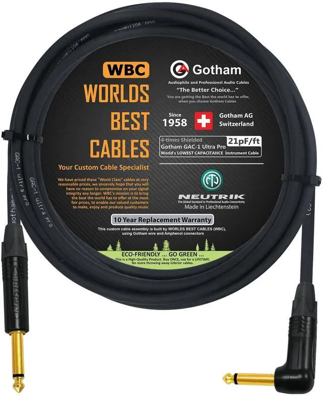 Main image of WORLDS BEST CABLES 12 Foot - Gotham GAC-1 Ultra Pro - Premium Low-Cap (21 pf/F) Guitar Bass Instrument Cable w/Neutrik Gold Straight to Angled inch (6.35mm) TS Connectors Custom Made