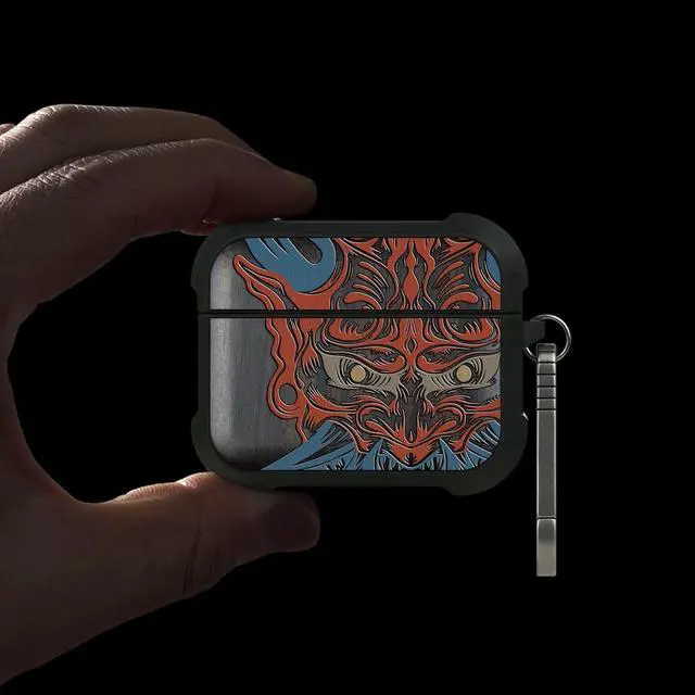 Alt view image 2 of 5 - Patterit for AirPods Pro 3 Case, Shockproof Wooden Cover with Quick Released Keychain for AirPods Pro Case 3rd Generation (2025) Compatible with Wireless Charging, (Oni Mask