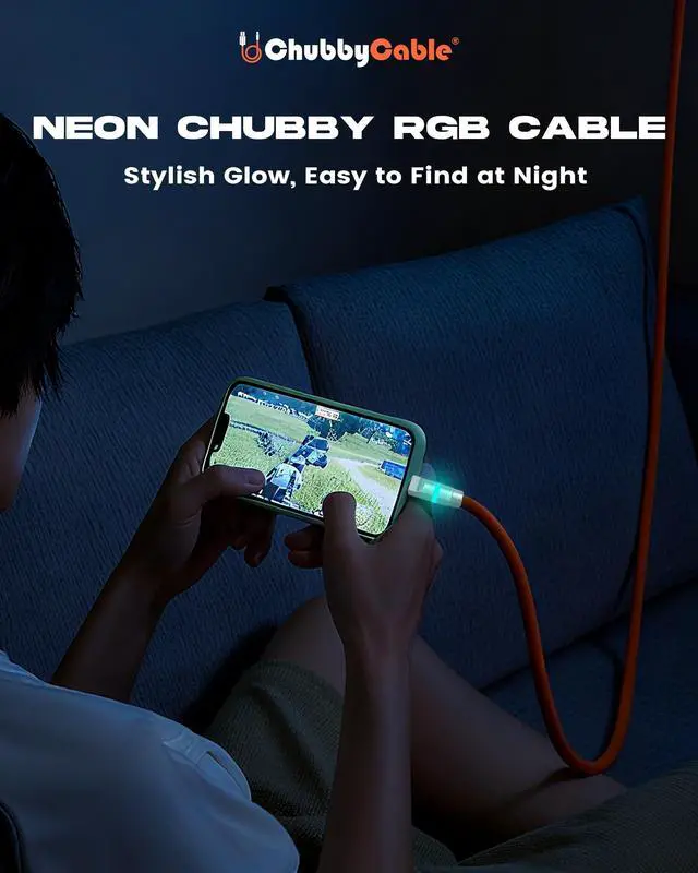 Alt view image 2 of 5 - chubbycable Neon Chubby - Fast Charge Cable with Smart Light RGB Color Gradual Light Up 100W Charging Cord LED USB C Cable Compatible with iPhone 17-15 Series, Green, USB-A to Type-C, 19.6 FT