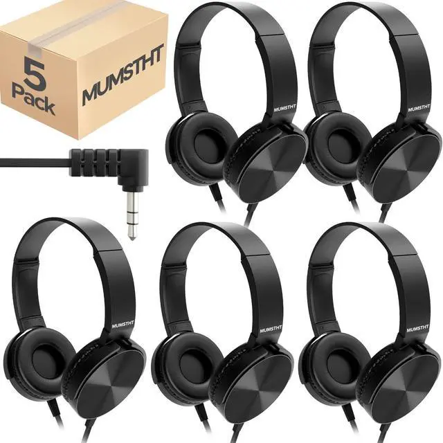 Main image of Kids Headphones Bulk 5 Pack,Durable Wired Classroom Headphones for Students,On Ear Comfy Swivel Earphones for School,Library,Children's Online Learning,HQ Stereo Sound 3.5mm Jack (Black YS004)