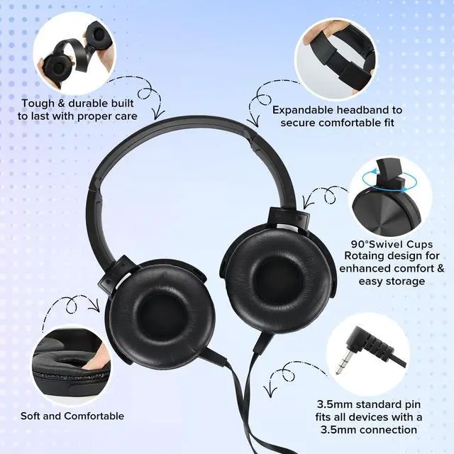 Alt view image 2 of 5 - Kids Headphones Bulk 5 Pack,Durable Wired Classroom Headphones for Students,On Ear Comfy Swivel Earphones for School,Library,Children's Online Learning,HQ Stereo Sound 3.5mm Jack (Black YS004)