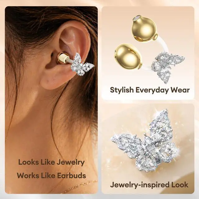 Alt view image 2 of 5 - Clip On Earbuds with Detachable Diamond Butterfly Earrings, Bluetooth 6.0 Open Ear Earbuds for Women, Led Display Leather Texture Charging, Comfortable Fit for Small Ear, Daily Wear&Gifts, X22 Beige