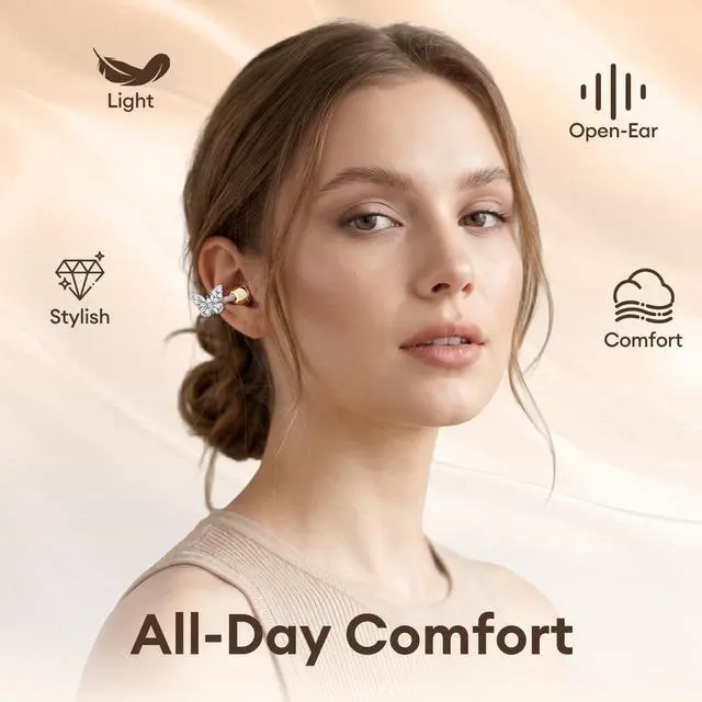 Alt view image 3 of 5 - Clip On Earbuds with Detachable Diamond Butterfly Earrings, Bluetooth 6.0 Open Ear Earbuds for Women, Led Display Leather Texture Charging, Comfortable Fit for Small Ear, Daily Wear&Gifts, X22 Beige