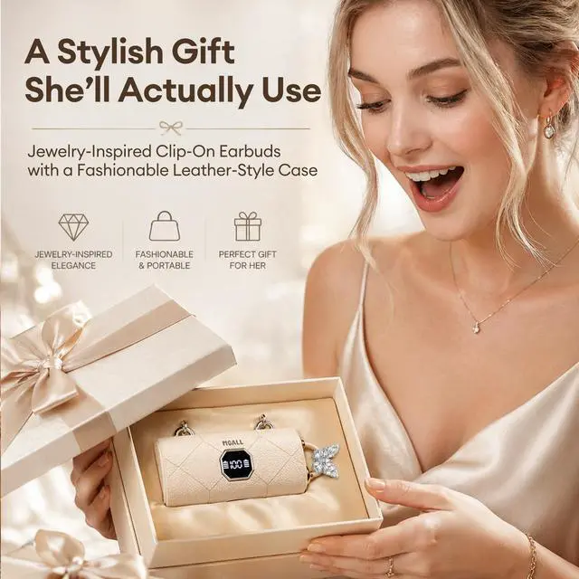 Alt view image 5 of 5 - Clip On Earbuds with Detachable Diamond Butterfly Earrings, Bluetooth 6.0 Open Ear Earbuds for Women, Led Display Leather Texture Charging, Comfortable Fit for Small Ear, Daily Wear&Gifts, X22 Beige