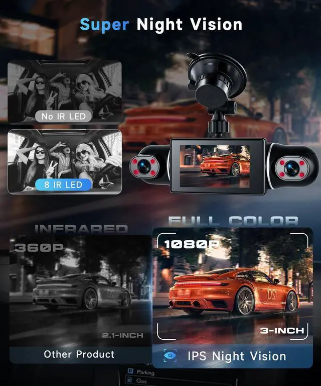 Alt view image 4 of 5 - Orderich 4 Channel 360 Dash Cam Front Rear Inside Left Right 3 Inch 2K Car Dash Camera with WiFi Night Vision Motion Detection 24H Parking Mode Loop Recording Reverse Monitor Without 64G TF Card