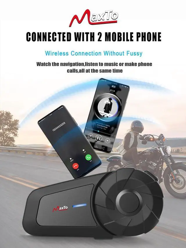 Alt view image 4 of 5 - MAXTO Motorcycle Bluetooth Headset, MX1 2-Riders 800M Universal Intercom Communication Systems, HiFi Stereo Sound/IPX6 Waterproof, Motorcycle Helmet Speaker-Intercom-Headset 2 Pack
