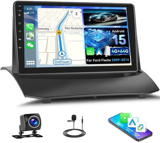 Main image of 4G+64G Car Radio for Ford Fiesta 2009-2014 Android Replacement Upgrade Stereo with CarPlay Android Auto 9 Inch Touch Screen Head Unit with Backup Camera Mic