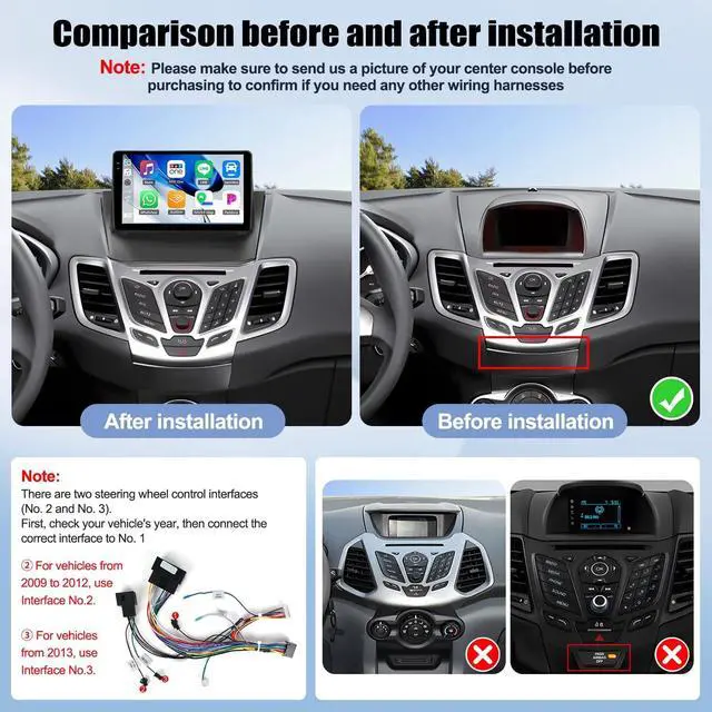 Alt view image 2 of 5 - 4G+64G Car Radio for Ford Fiesta 2009-2014 Android Replacement Upgrade Stereo with CarPlay Android Auto 9 Inch Touch Screen Head Unit with Backup Camera Mic