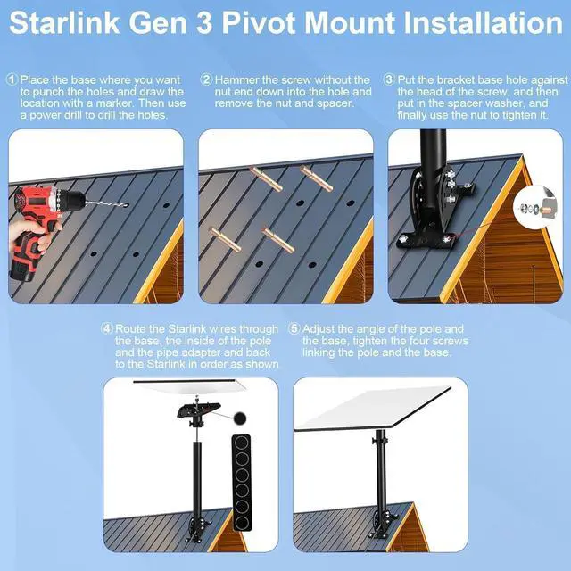 Alt view image 3 of 5 - Adjustable Tilt Starlink Gen 3 Heavy Duty Pivot Roof Mount, Starlink Gen 3 Pole Mounting Kit for Starlink Internet Kit Satellite, Compatible with Starlink Gen 3 Standard & Enterprise Dish