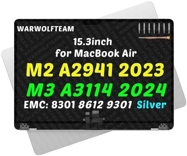 Main image of WARWOLFTEAM 15.3inch Compatible with MacBook Air Retina A2941 2023 M2 EMC 8301 A3114 2024 M3 EMC 8612 EMC 9301 2880 x 1864 LCD Screen Display Replacement Complete Assembly (Silver)
