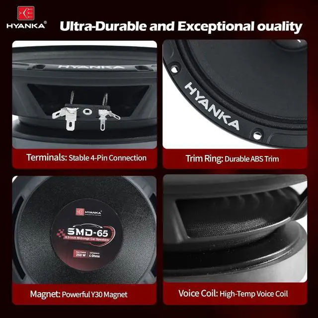 Alt view image 3 of 5 - H YANKA SMD-65 6.5 Midrange Speakers Car Audio, 250 Watts 4 Ohms Door Speakers with Black Steel Basket, Distortion-Free Sound, Ideal for Cars, Trucks, and More. (1 Pair)