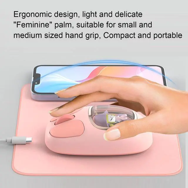 Alt view image 5 of 5 - Tangxi Cute Wireless Mouse, 2.4G BT3.0 BT5.0 Tri Mode Bluetooth Mouse, Silent Operation & Ergonomic with RGB Backlight, for Laptops Tablets Computers Working Gaming (Pink)