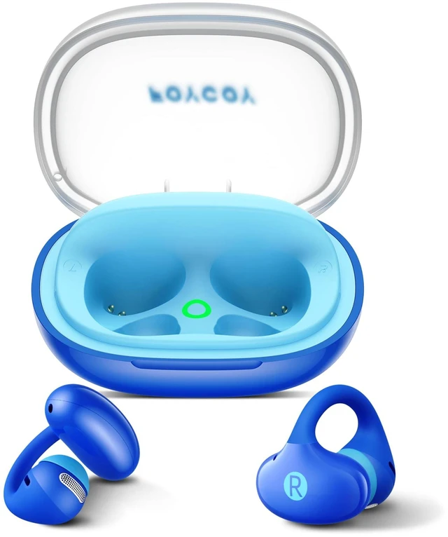 Main image of FOYCOY Kids Open Ear Earbuds - Clip-On Earbuds - 85 dB Volume Limit - Bluetooth 6.0, Built-in Mic, 40H Playtime, Silicone Pads, IPX5, Small Ears and Glasses Friendly, Ages 6-14, Navy Blue