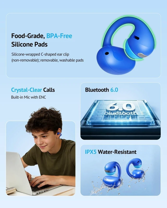 Alt view image 4 of 5 - FOYCOY Kids Open Ear Earbuds - Clip-On Earbuds - 85 dB Volume Limit - Bluetooth 6.0, Built-in Mic, 40H Playtime, Silicone Pads, IPX5, Small Ears and Glasses Friendly, Ages 6-14, Navy Blue
