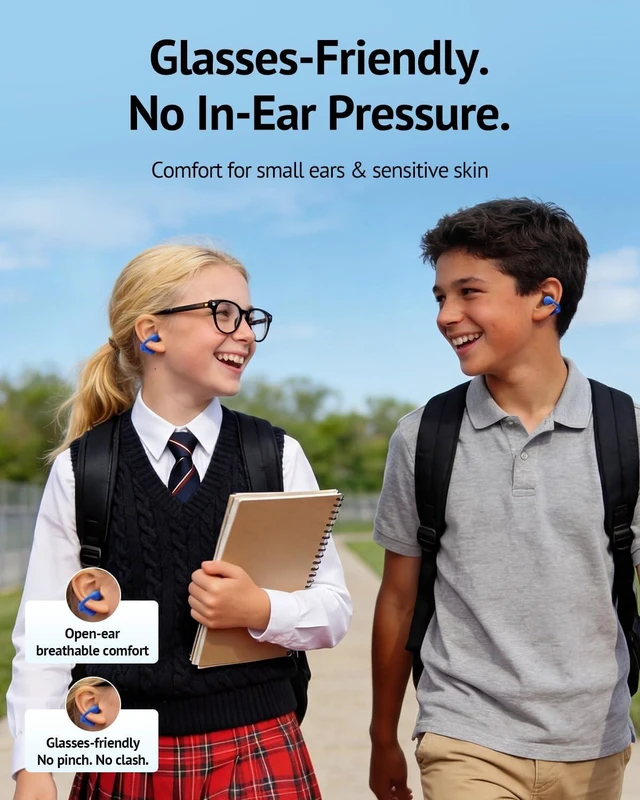 Alt view image 5 of 5 - FOYCOY Kids Open Ear Earbuds - Clip-On Earbuds - 85 dB Volume Limit - Bluetooth 6.0, Built-in Mic, 40H Playtime, Silicone Pads, IPX5, Small Ears and Glasses Friendly, Ages 6-14, Navy Blue