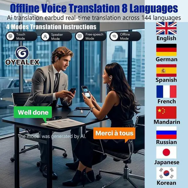 Alt view image 2 of 5 - OYEALEX AI Translation Earbuds,Real-Time 144 Language Translator,LCD Touchscreen, Active Noise Canceling Open Ear Headphones Comfort Fit for iOS and Android,Travel Business Learning Sport,Silver