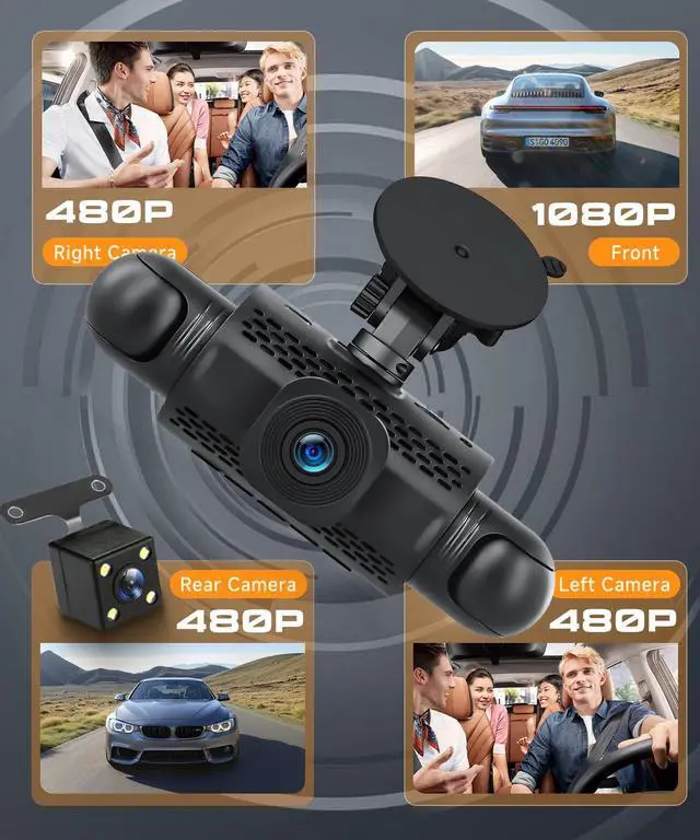 Alt view image 2 of 5 - Rimoody 4-Channel 360 Dash Cam, 1080P Full HD Car DVR with Front/Rear/Inside/Side Cameras, WiFi App Control, Night Vision, G-Sensor, Loop Recording, 24H Parking Monitor, 3 Inch Display