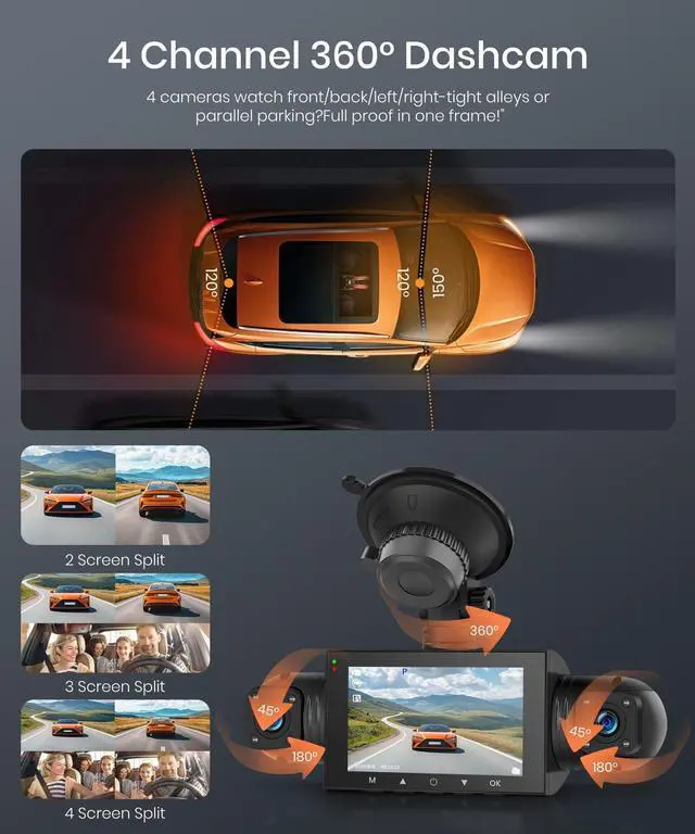 Alt view image 3 of 5 - Rimoody 4-Channel 360 Dash Cam, 1080P Full HD Car DVR with Front/Rear/Inside/Side Cameras, WiFi App Control, Night Vision, G-Sensor, Loop Recording, 24H Parking Monitor, 3 Inch Display