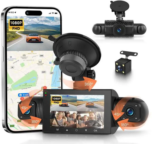 Main image of Rimoody 4-Channel 360 Dash Cam, 1080P Full HD Car DVR with Front/Rear/Inside/Side Cameras, WiFi App Control, Night Vision, G-Sensor, Loop Recording, 24H Parking Monitor, 3 Inch Display