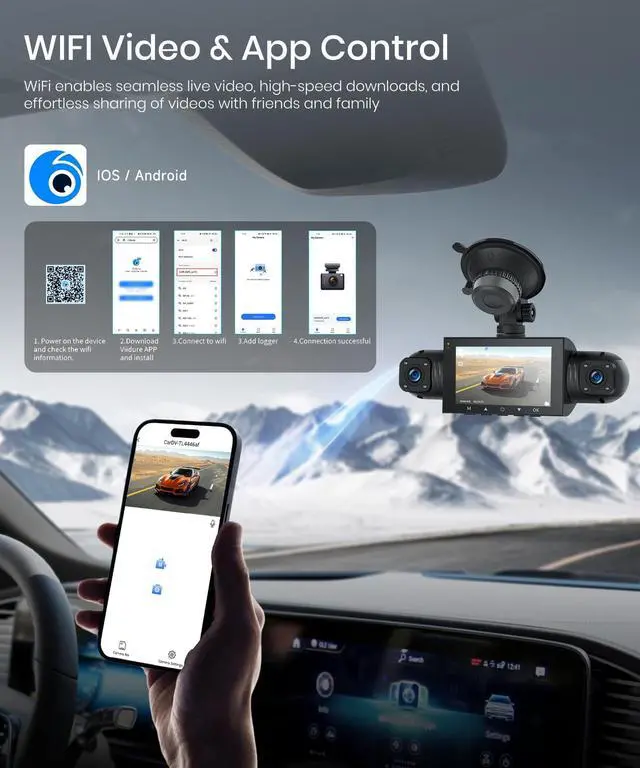 Alt view image 5 of 5 - Rimoody 4-Channel 360 Dash Cam, 1080P Full HD Car DVR with Front/Rear/Inside/Side Cameras, WiFi App Control, Night Vision, G-Sensor, Loop Recording, 24H Parking Monitor, 3 Inch Display