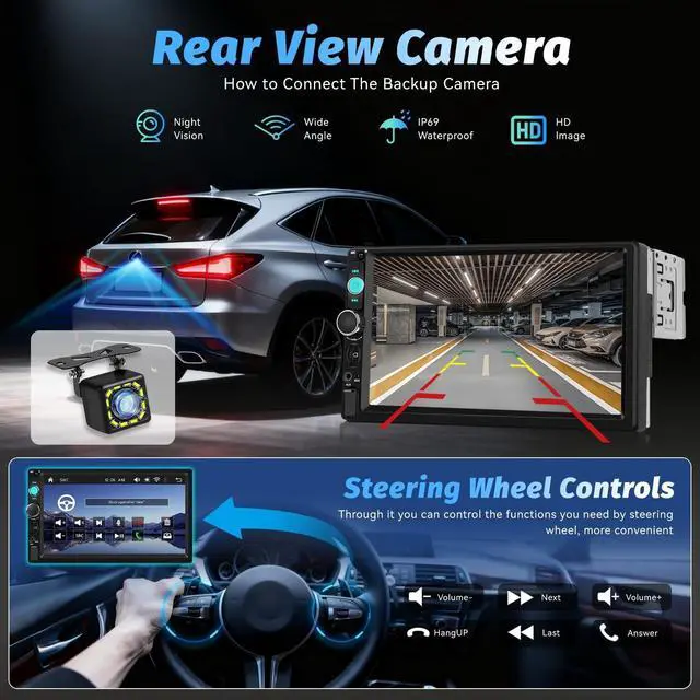 Alt view image 5 of 5 - Volxcereo 7 Inch Single Din Car Radio, 1 Din IPS Touch Screen Car Stereo with Wireless Carplay and Android Auto, Bluetooth, Yo-u-Tu-be Video, Mirror Link, FM Radio, SWC, USB, EQ, Backup Cam