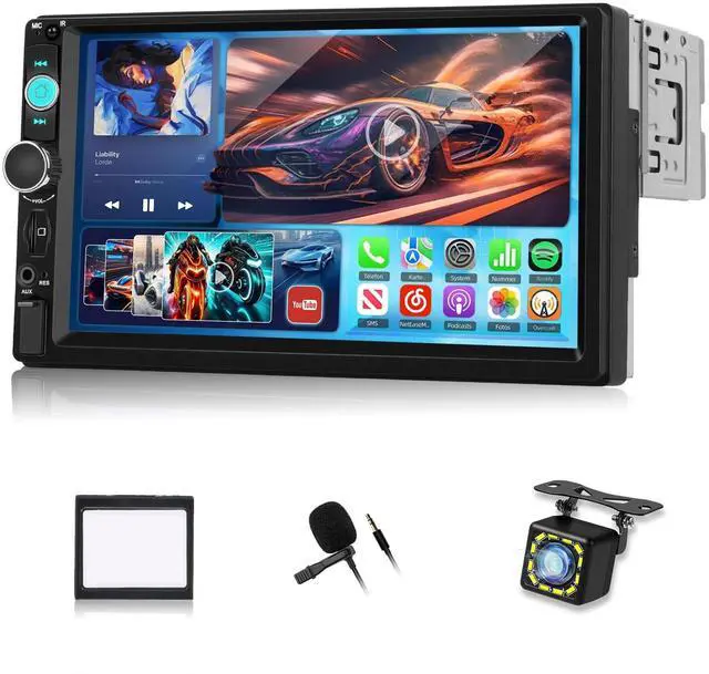 Main image of Volxcereo 7 Inch Single Din Car Radio, 1 Din IPS Touch Screen Car Stereo with Wireless Carplay and Android Auto, Bluetooth, Yo-u-Tu-be Video, Mirror Link, FM Radio, SWC, USB, EQ, Backup Cam